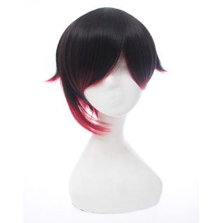 Peruca de cosplay preta, vermelha, gradiente, cabelo curto em camadas, 40 cm