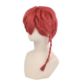 Peruca de cosplay vermelha, cabelo curto em camadas com trança lateral, 35 cm, sintética