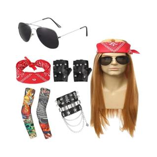 Peruca De Fantasia Heavy Metal Punk Rocker Com Bandana, Óculos De Sol E Mangas De Tatuagem