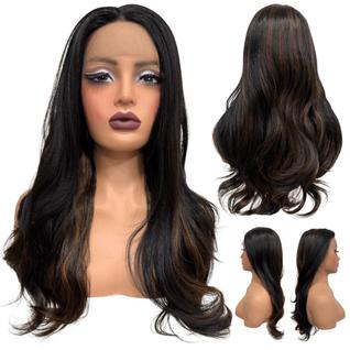 Peruca front lace preta natural orgânica com mechas escuras F2/30