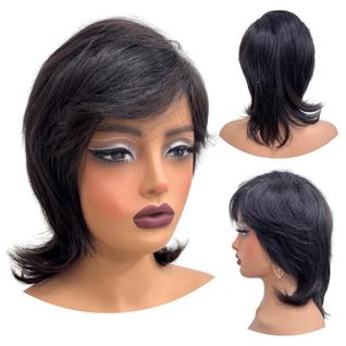 Peruca Humana Média Castanho Escuro Franja Repicada Mullets