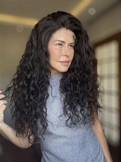 Peruca Lace Front Cabelo Humano Cacheado Débora Nascimento - 60 cm, Castanho Escuro