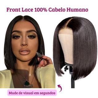 Peruca Lace Front Curta Liso Cabelo Humano Natural Preta