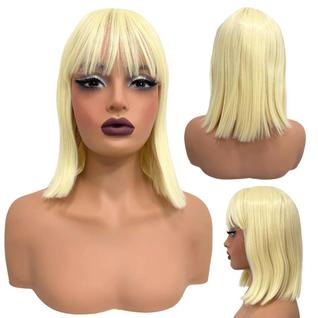 Peruca lisa loira claro branco platinada orgânica 30cm long bob