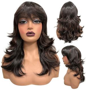 Peruca lisa super repicada com franja 40cm castanho mechado