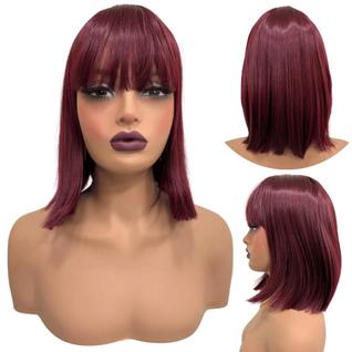 Peruca marsala lisa curta com franja orgânica 32cm long bob