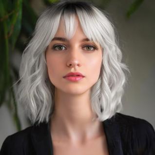 Peruca MINLEE Silver Grey Sintética 35 cm Short Bob com franja