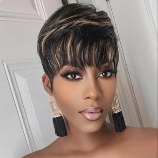 Peruca Pixie Com Mechas Loiras Para Mulheres Negras, Cabelo Humano Remy Curto E Liso Com F