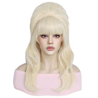 Peruca retrô de coroa alta, loira reta, 51 cm com franja completa