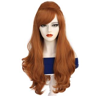Peruca retrô longa marrom com franja lateral e camadas onduladas de 68 cm