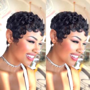 Peruca SisBrosis Short Curly Pixie Cut, cabelo humano para mulheres negras