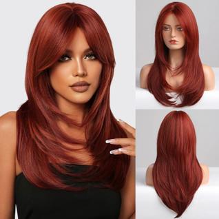 Perucas HAIRCUBE vermelhas para mulheres em camadas longas com franja de 56 cm