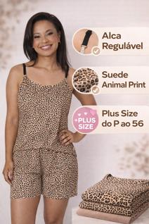 Pijama Feminino Suede Animal Print com Alça Regulável Plus Size do P ao 56  Short Doll Con