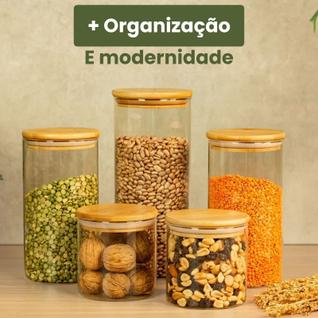 Pote de Vidro Hermético Transparente Kit 5 Potes Tampa Bambu