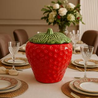 Pote Decorativo em Formato de Morango Grande Cerâmica Vermelha, Ideal para Cozinha e Mesa 