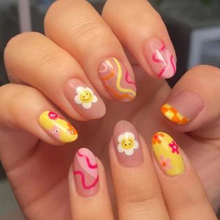 Press on Nails ZJHGDR Sun Flower Short Almond 24 unidades
