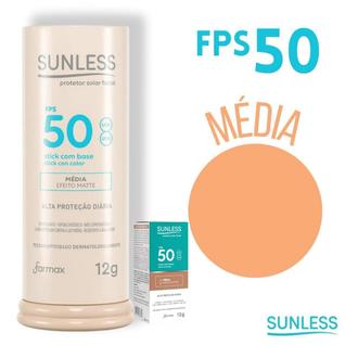 Protetor solar facial SUNLESS FPS 50 stick com base cor Média e efeito matte. Alta proteçã