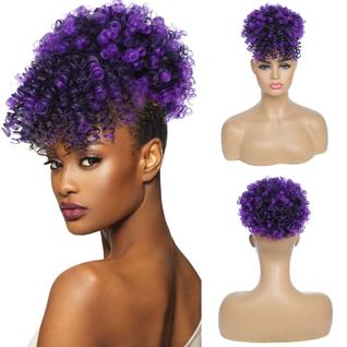 Puff afro de rabo de cavalo com franja e cordão sintético roxo