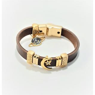 Pulseira Bracelete Feminino Couro Café Lua, Estrela e Planeta Azul