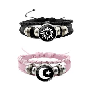 Pulseira De Couro Vintage Unissex Feita À Mão Com Contas Múltiplas Sol E Lua Luminosas