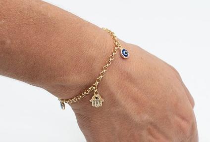 Pulseira Mão de Fátima Cravejada e Olhos Gregos Banhado em Ouro 18K