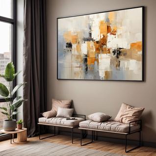 Quadro com Moldura Sala Quarto Pintura Arte Abstrato Bege Branco Marrom Dourado Decorativo