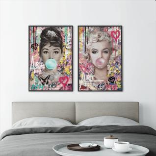 Quadro decorativo Moderno fashion retrato pop arte de rua grafite moda chiclete rosa azul 