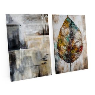 Quadro Para Sala Moderno Abstrato Textura Folha Seca Cores Neutras Kit 2 Telas 75x50 cm - 