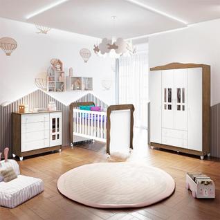 Quarto Bebê Completo Berço 3 em 1 Mirelle Guarda Roupa 4 Portas Cômoda 4 Gavetas 1 Porta M
