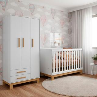 Quarto Bebe Infantil Q Encanto Berço Vira Cama e Guarda Roupas 3 Portas 2 Gavetas Slim Qmo