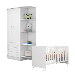 Quarto de Bebê Berço c/Rod e Guarda Roupa Doce Sonho Branco Qmovi
