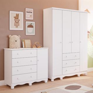 Quarto de Bebê Completo Guarda Roupa 4 Portas Cômoda 1 Porta 4 Gavetas MDF Junior Faura