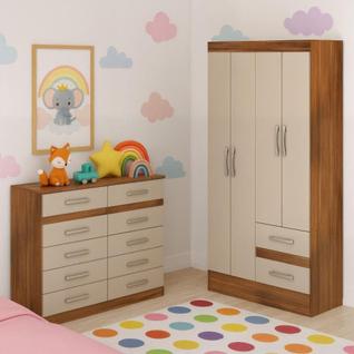 Quarto Infantil com Cômoda 10 Gavetas e Guarda-Roupa 4 Portas e 2 Gavetas Ninho Castanho/O