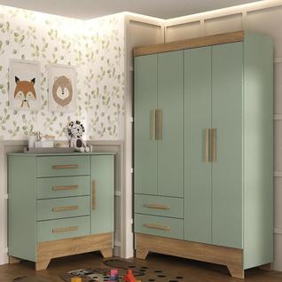 Quarto Infantil Completo Guarda Roupa 4 Portas 2 Gavetas com Cômoda Liz Verde Fosco/Nature