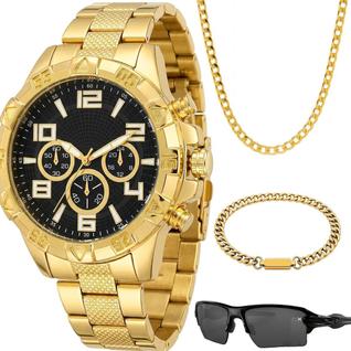 Relogio Banhado Masculino + Cordão + Oculos Sol + Pulseira casual presente aço inoxidável 