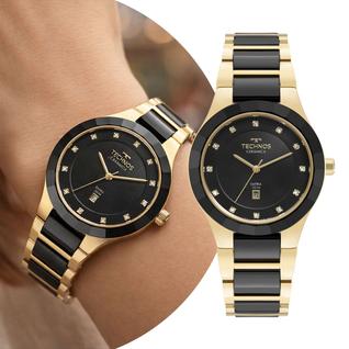 Relógio Feminino de Pulso Preto e Dourado Analógico com Pulseira e Caixa de Ceramica Vidro