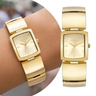 Relógio Feminino Dourado Analógico de Pulso com Caixa e Pulseira de Aço Inoxidável Quadrad
