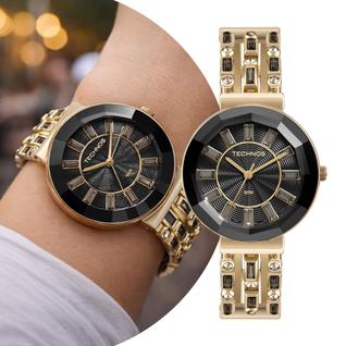 Relógio Feminino Dourado e Preto de Pulso Caixa de Ceramica Vidro Safira Pulseira com Pedr