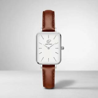 Relógio Feminino Quadrado prata couro Marrom Silver minimalista New Port
