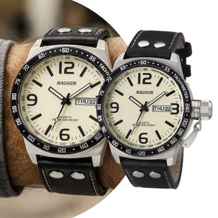 Relógio Masculino Analógico de Pulso Preto e Bege Grande Robusto com Pulseira de Couro à P