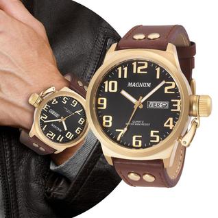 Relógio Masculino Dourado e Marrom Analógico de Pulso Pulseira de Couro e Caixa de Aço Ino