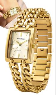 Relógio Mondaine Feminino Analógico Quadrado Dourado De Pulso Pulseira Estilo Corrente Em 