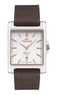 Relogio Technos Masculino quadrado prateado branco e rosê pulseira de couro marrom executi