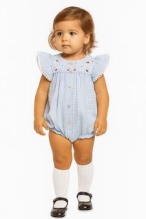 Romper Bebê Menina Xadrez Vichy com Bordado Cereja Papilloo