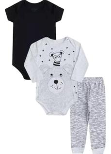 Roupa bebe Body manga longa + body manga curta + Calça com punho algodão kit 3 peças Menin
