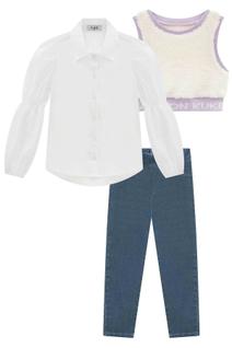 Roupa Infantil Camisa Manga Longa Tricoline Calça Jeans Colete Pelo Trio Bonito Kukie Inve