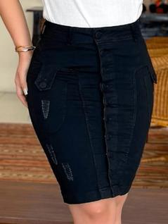 Saia Evangelica Moderna Jeans Lápis Fechamento em Botões Encapados Frontal Bolsos Moda Eva