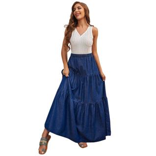 Saia feminina plus size, jeans longa, cintura alta, azul casual