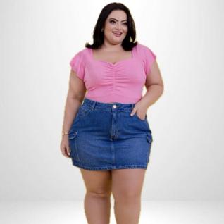 Saia Jeans Cargo Plus Size Modelagem Curta Cintura Alta
