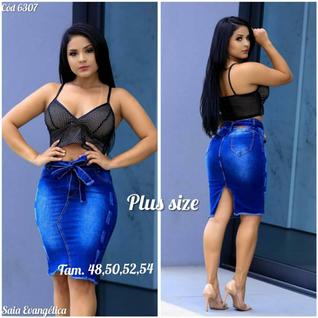 Saia jeans com cinto média